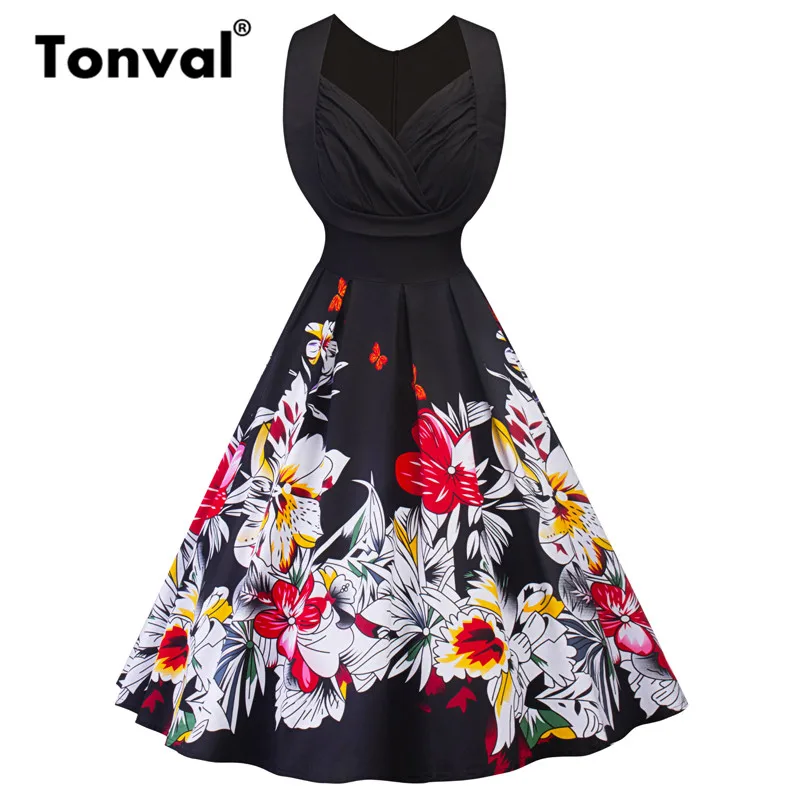 

Tonval 1950S Floral Black Dress Print Sleeveless Women Vintage Pin Up Girls Flower Dresses V Neck Party Pleated Sexy Dress
