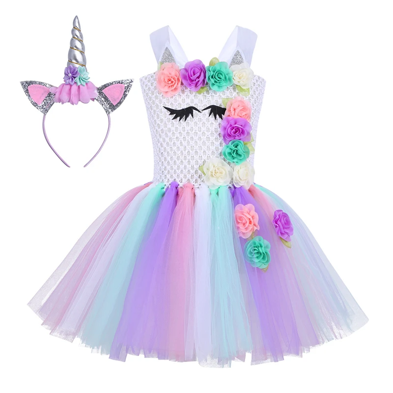 

Flower Girls Cartoon Tutu Dress Rainbow Princess Girls Birthday Party Dresses Children Kids Halloween Animal Costume Dress up