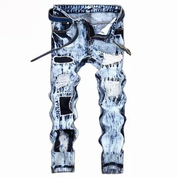

Mcikkny Fashion Men's Ripped Pleated Denim Trousers Washed Slim Fit Straight Pants With Patchwork Streetwear Jeans Pants For Men