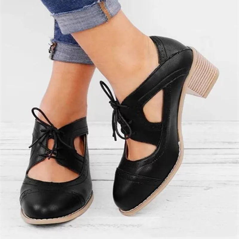 

SLHJC Women Summer Pumps Rome Style Brogue Leather Med Chunky Block Heel Pointy Toe Hollow Out Sandals Lace Up Plus Size Shoes