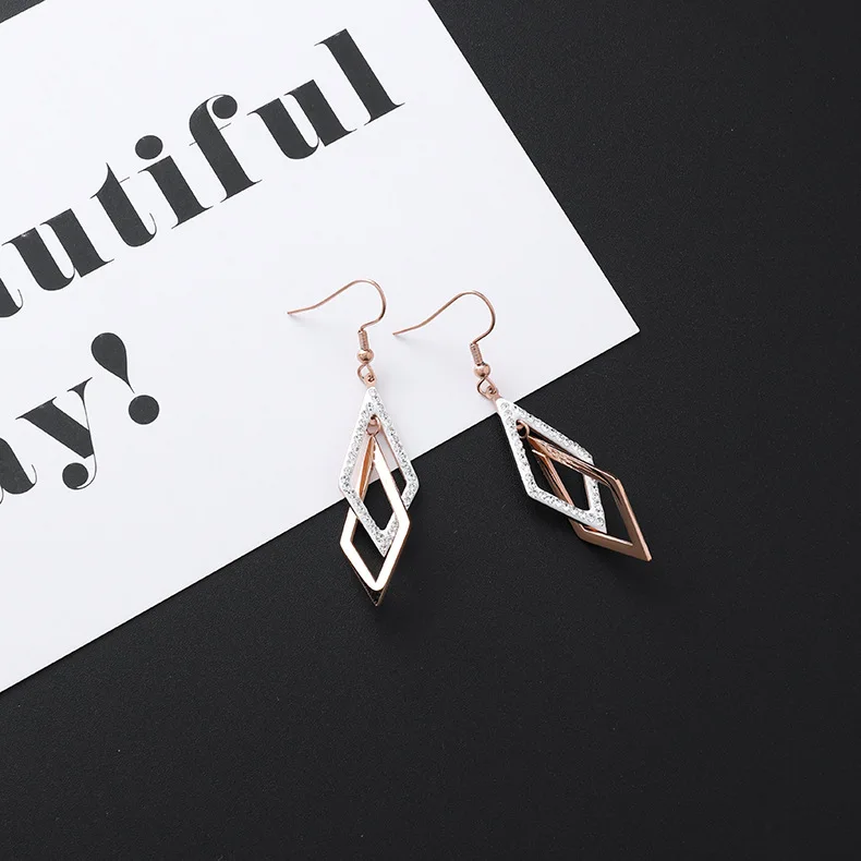 New Listing Geometric Titanium Steel long Tassel Girl Earrings gold Stainless Steel Triangle leaf Girl Black Jewelry Earrings 1