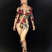 Красочные Стразы розы комбинезон женский сексуальный наряд Костюмы Боди Танцующая певица камни обтягивающие леггинсы комбинезоны