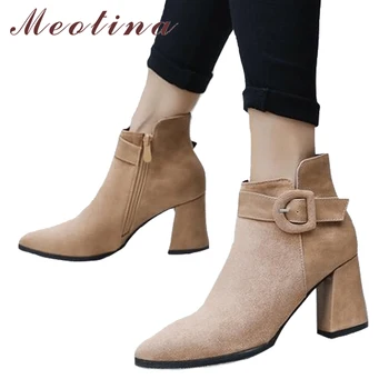 

Meotina Thick Heels Winter Ankle Boots Women High Heel Boots Buckle 2018 Autumn Ankle Boots Female Black Apricot Big Size 46