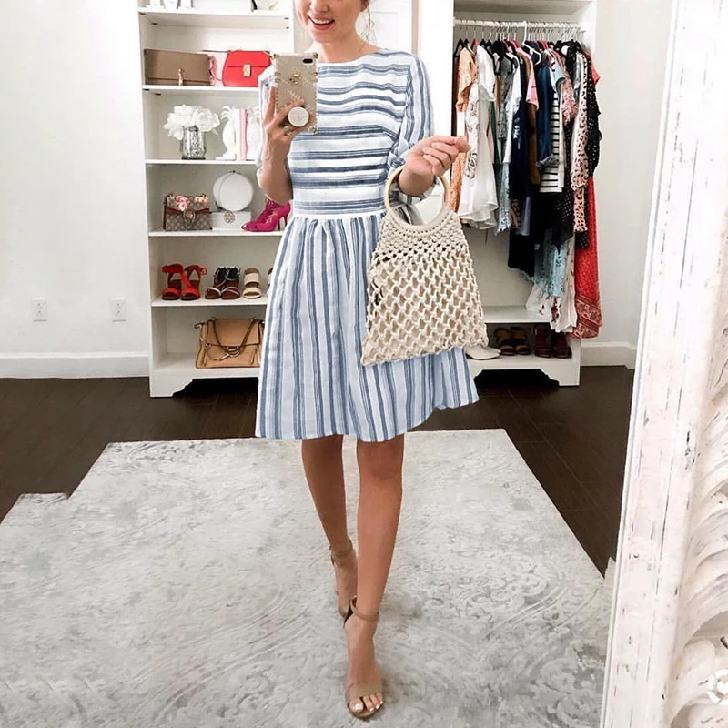 

Conmoto 2019 Stripe Long Sleeve Summer Stripe Female Dress Women Elegant OL Short Dress Feminino Mini Beach Dress Vestidos