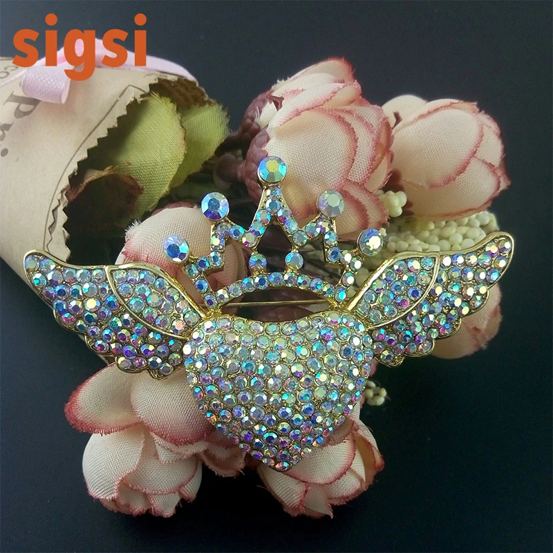 Мода 75 мм цветной золотой тон в форме сердца Ангел корона горный хрусталь брошь с