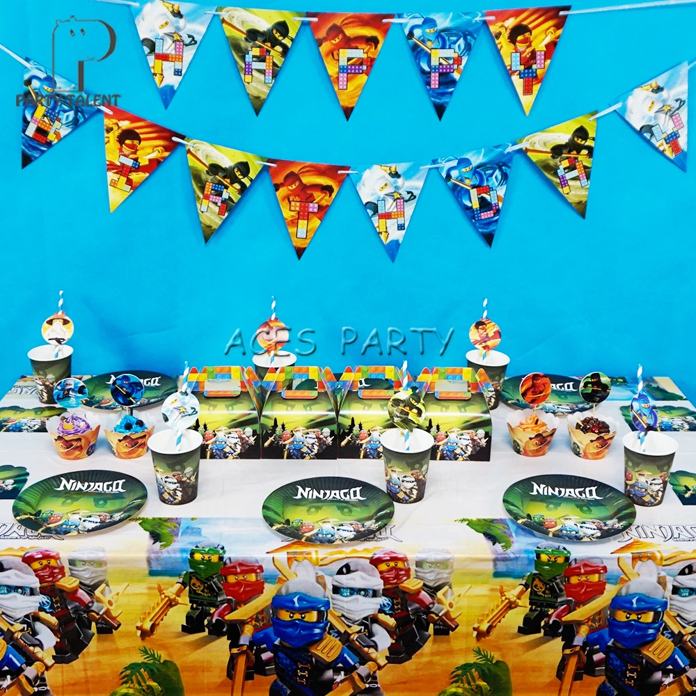 

Party supplies 86pcs for 12 kids Ninja Jay theme birthday party decoration tableware set, plate+cup+straw+flag+tablecover+topper