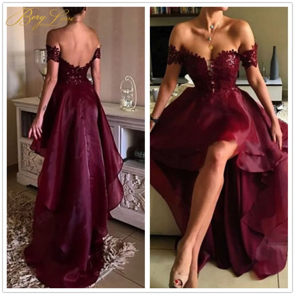 Burgundy Organza Prom Dresses 2019 High Low Side Sleeves Red Carpet