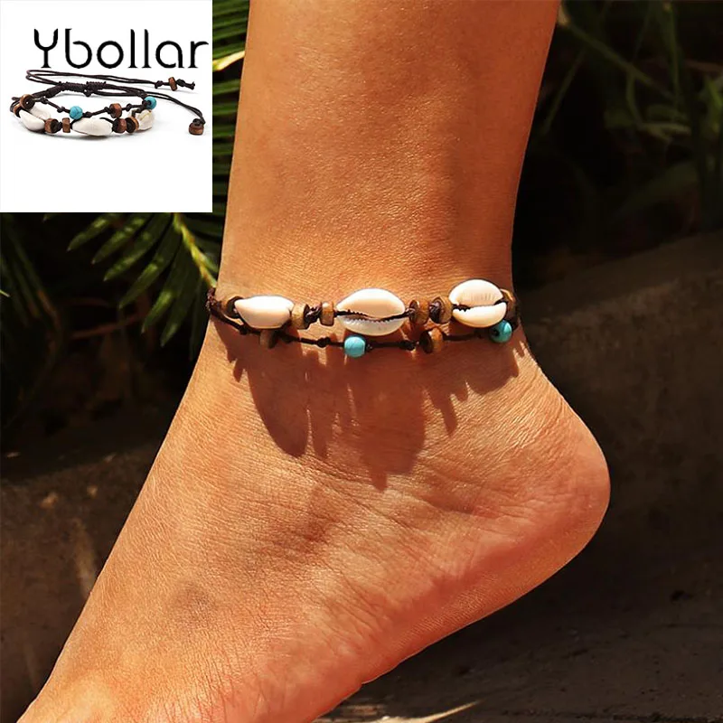 

Bohemian Handmade Shell Anklets Wooden Beads Turquoises Foot Jewelry Summer Beach Barefoot Bracelet ankle strap
