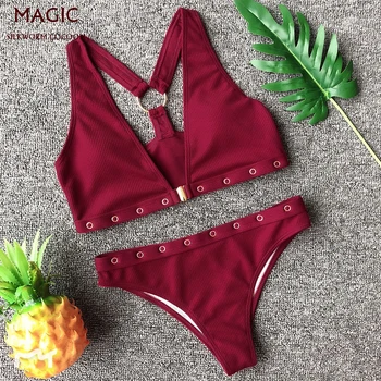 

New Metal Buckle Trim Bikini Set Women Sexy Black Brow Swimwear Low Waist Push Up Triangle Swimsuit Beachwear Swimming Suit
