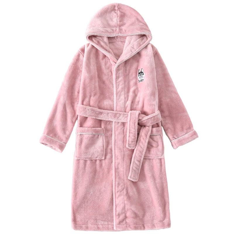 Best New Arrival Winter Bathrobe for Children Flannel Warm Lengthen Robe Thicken Hooded Dressing Gown Girl Boys Coral Velvet Pajamas