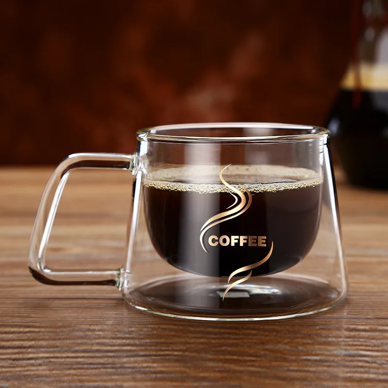 6 HIBOUR Double Glass Coffee Mug with Handle As Gift for Boy and Girl American style Cup Handgrip Cups and Mugs Creative Drinkware