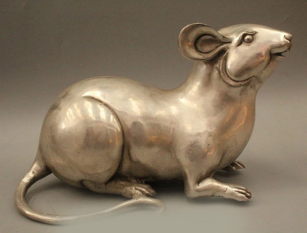

DS 7" China Chinese Folk Feng Shui Tibet Silver Zodiac Year Mouse Statue Sculpture