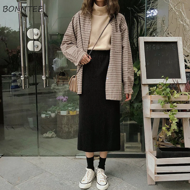 

Skirts Women Knitting Pleated Solid Leisure Loose Korean Style Womens Trendy Soft Mid-Calf Sweet Students All-match Skirt Chic