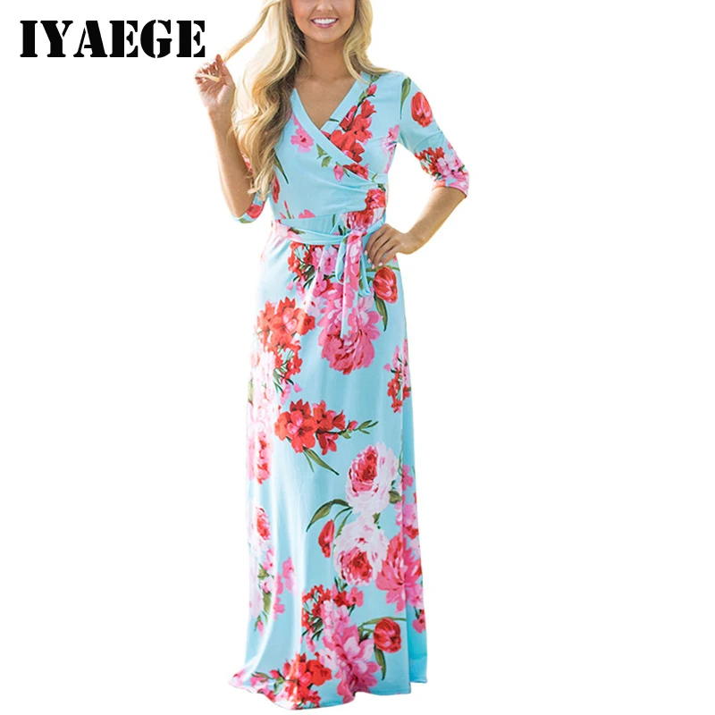 IYAEGE Boho Style Floral Imprimer Maxi Robe Longue Femmes Sexy V cou