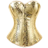 Women Faux Leather Gold Overbust Corset Sexy Steampunk Strapless Corsets 1