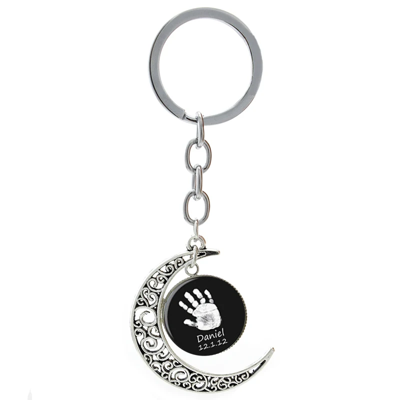 

Handprint keychain Personalized vintage human Baby Footprint Handprint moon pendant key chain mum dad men women jewelry T142