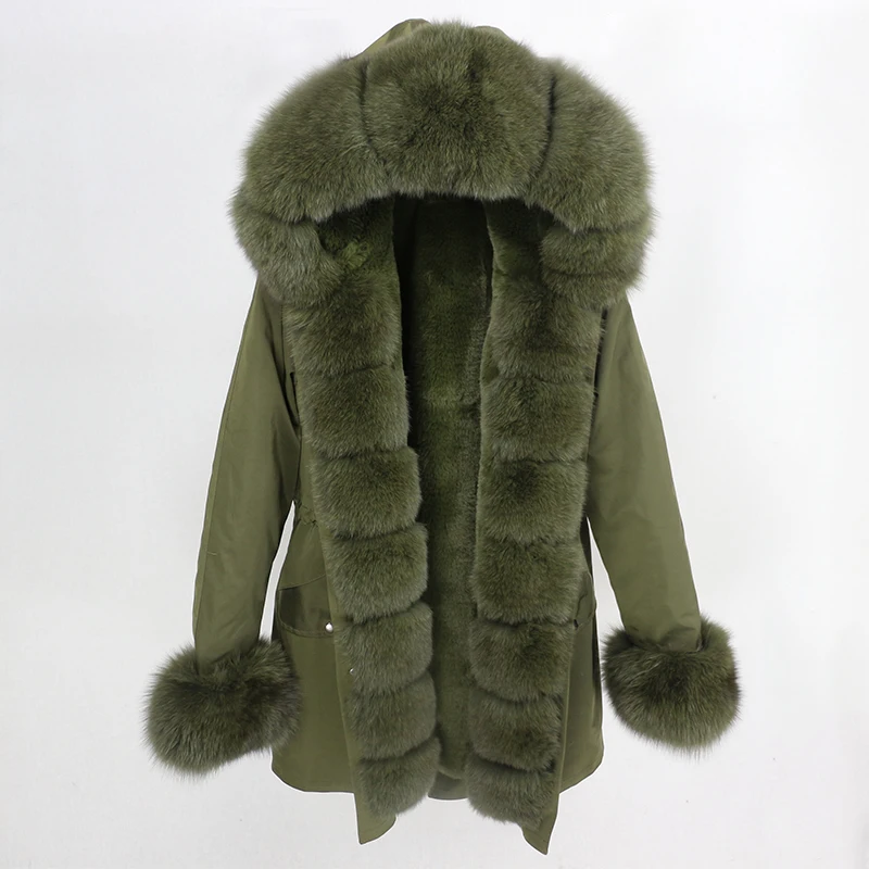 Зимняя женская куртка, водонепроницаемая длинная парка, пальто из натурального меха, Воротник из натурального Лисьего меха, капюшон, Толстая теплая уличная одежда, отстегивается, новинка - Цвет: full green
