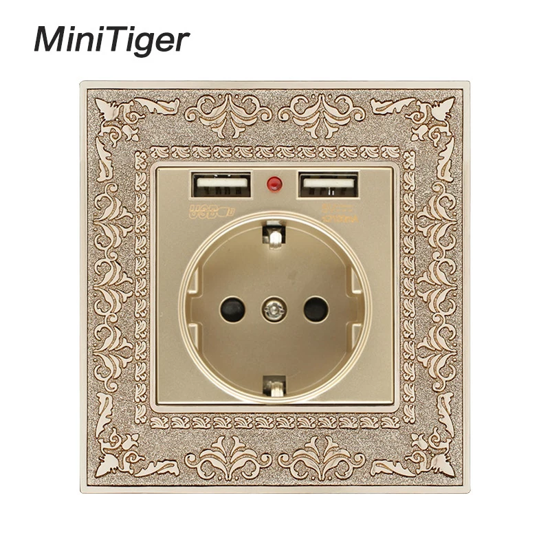 

Minitiger Zinc Alloy High-end Retro Panel 16A Gold EU Standard Power Wall Socket With Dual USB 2.1A Charging Port Embossed Panel