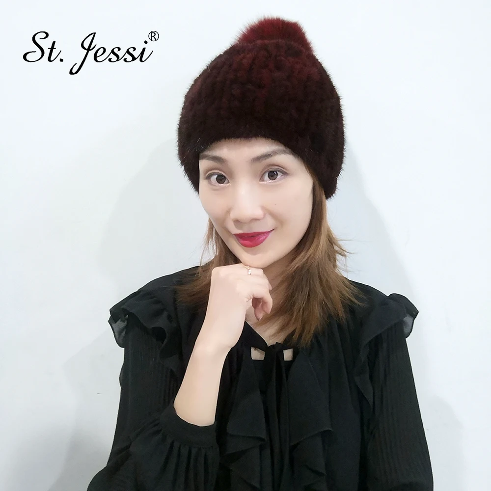 

ST.Jessi 2019Women's Real Fur Hat Natural Knitted Mink Fur Russian Beanie Cap Plush Genuine Fox Fur Ball Thick Warm Winter Gorra