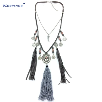 

New Vintage Tibetan Silver Jewelry Leather Long Fringe Tassel Pendents Necklaces For Women Boho Chic Ethnic Statement Necklace