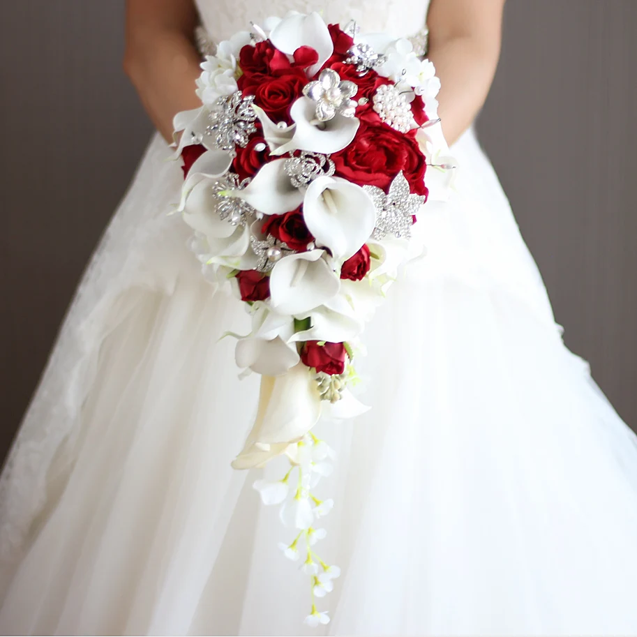 2021 Whitney Wedding Collection Waterfall Red Bridal Artificial Pearls Crystal Wedding Bouquets De Mariage Rose
