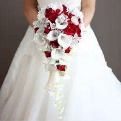 2018 водопад Красные Свадебные цветы Свадебные букеты Искусственные жемчуг Кристальные Свадебные букеты букет де Mariage Роза