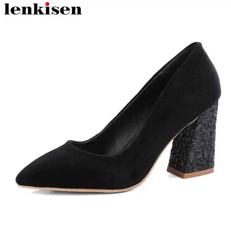 

Lenkisen European design pu solid shallow big size pointed toe handmade thick high heels office&career women mature pumps L4f1
