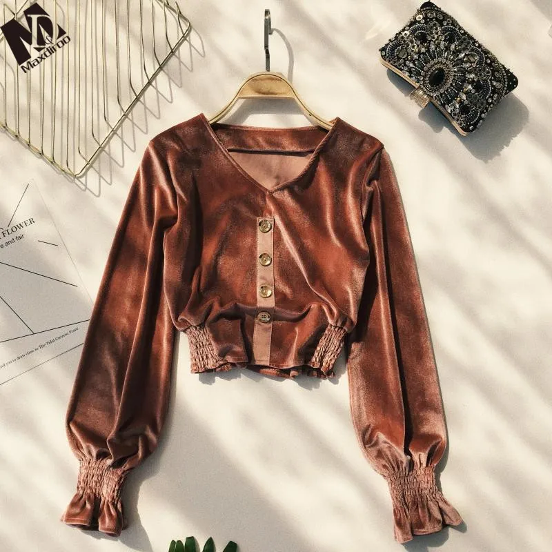 

MAXDIROO Women Autumn Stylish Velour V Neck Lantern Sleeve Blouse And Tops Women Fashion Crop Top Shirts Single Breasted
