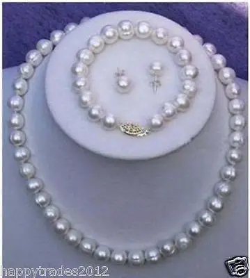 

Fast shipping + 2 9-10mm Real White Cultured Pearl Necklace Bracelet Earring Set (A0516) -Bride jewelry free shipping