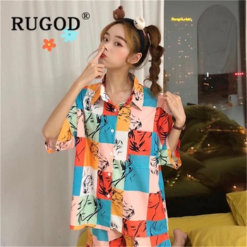 

RUGOD Korean printed 2 pieces women pajamas Casual loose short sleeve pockets female sleepwear Fashiono single breasted homewear