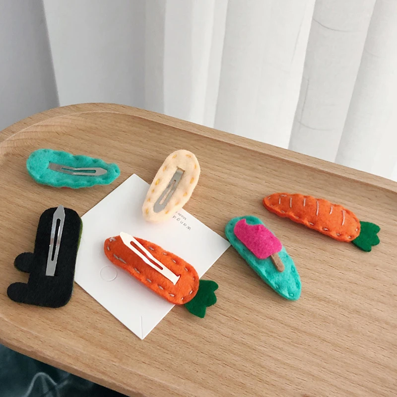 

2019 New Design Felt Cloth Cute Cartoon Crocodile Ice Cream Carrot Fox Hairpins for Girl Children Kid's Hair Accessories