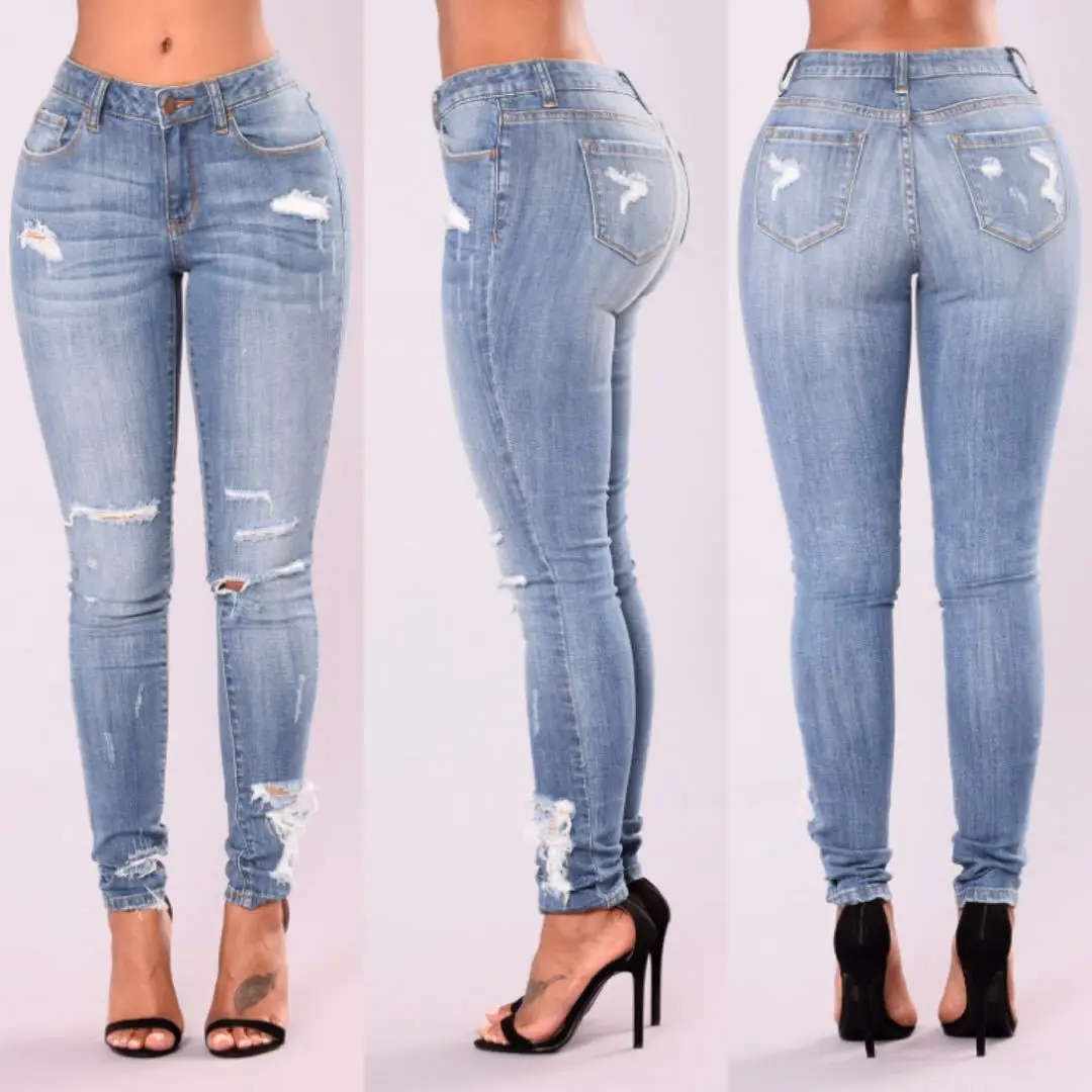Bleach Wash Shredded Ripped Skinny Jeans Women Blue Mid Waist Skinny