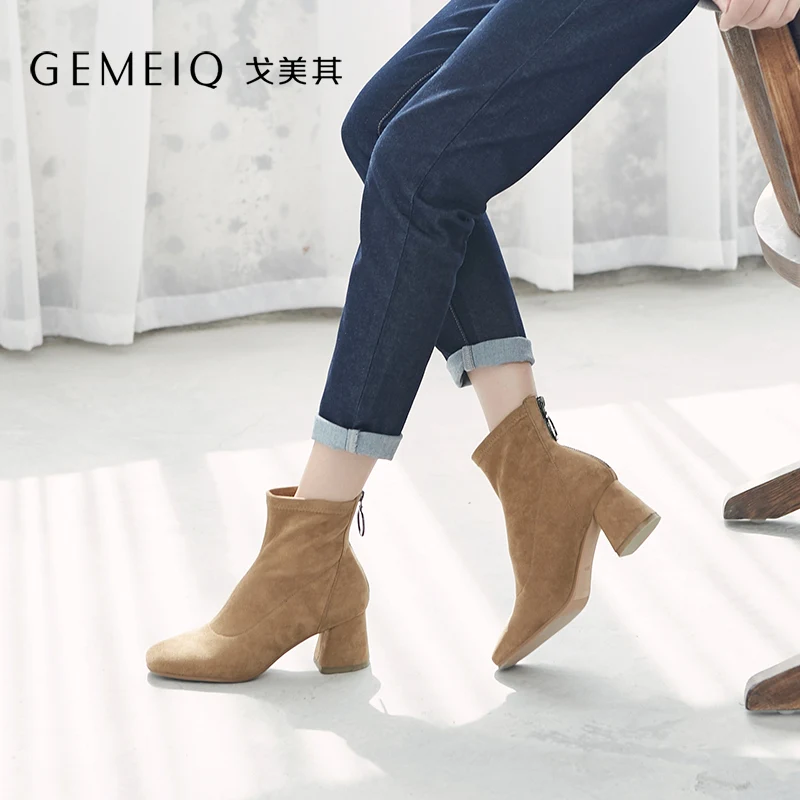 

GEMEIQ 2018 winter New Fashion Fashion Post Zipper Casual Short Boots women Square toe High heel Fashion Shoes