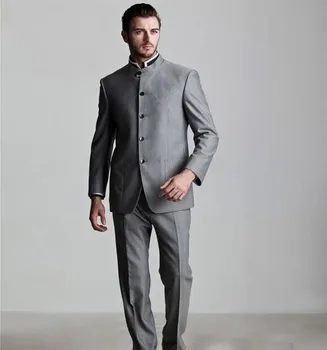 

New Custom Five Button Gray Groom Tuxedo Stand Roud COllar Groomsmen Men Wedding Bridegroom Suit (Jacket+Pants+tie)