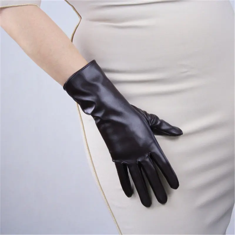 Женские перчатки средней и длинной длины 28 см из яркой лакированной кожи PU перчатки женские кожаные перчатки для танцев P28-09 - Цвет: PU coffee