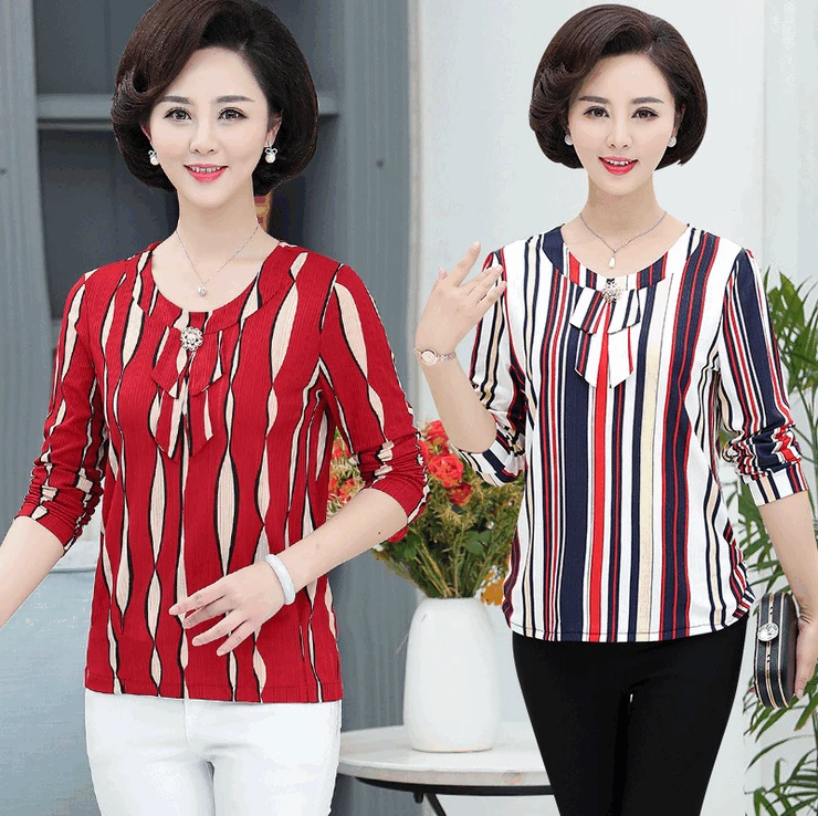 

pullover bottoming shirt 2019 autumn new middle age women long sleeves tshirt plus size o-neck printed mother's top shirt