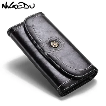 

NIGEDU Vintage Women Wallets Large Capacity Long Purse Oil Wax PU Leather ID/Credit Pocket Wallet money Clip clutch