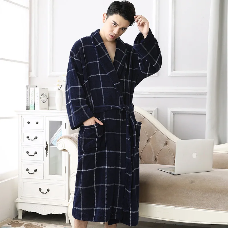 Plaid Flannel Plus size Mens Robes Winter Male bathrobe oversize