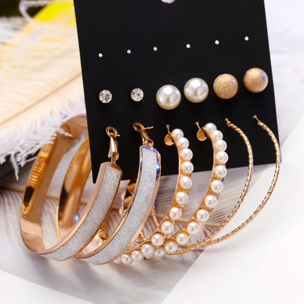 

Hesiod 6pairs/Set Vintage Simulated Pearl Stud Earrings Sets Big Circle Crystal Rhinestone Earrings Mix For Women Girls Gifts