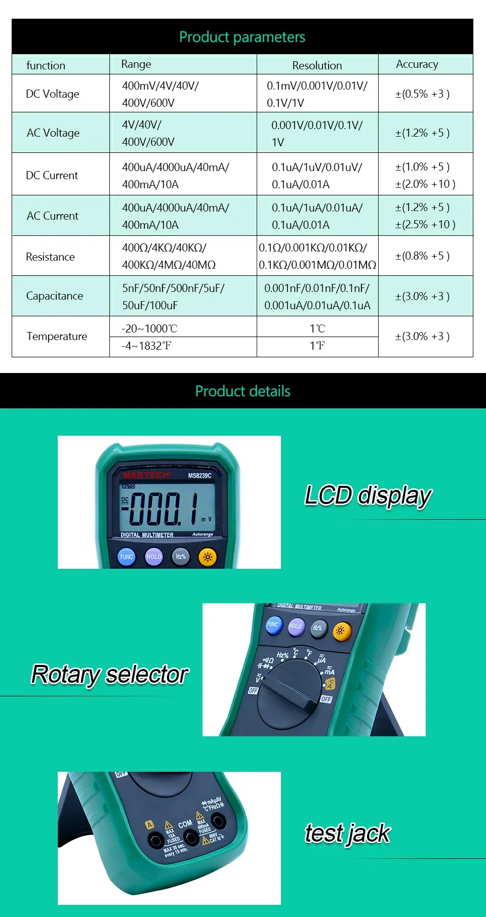 MASTECH MS8239C цифровой мультиметр AC DC напряжение AC Ток Емкость Частота Температура Тестер Авто Диапазон multimetro 3 3/4