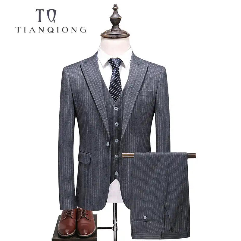 Tian Qiong الرجال مخطط رمادي البدلة 2018 ملابس رجالي تلائم الرجل النحيف الدعاوى لحفل الزفاف أحدث معطف بانت تصاميم رجالي رسمي 3 قطعة بدلة عمل Aliexpress