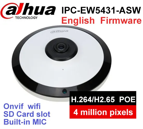 

Dahua IPC-EW5431-ASW 4MP Fisheye Camera Panorama 180 Degree built-in MIC SD card slot Audio Alarm Interface POE WIFI Camera