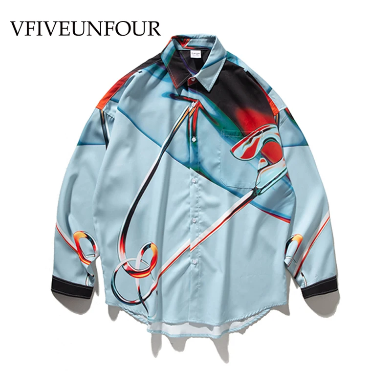 

VFIVEUNFOUR Creative Newspaper Full Printed Men Shirt Long Sleeve Streetwear Shirts Loose 2019 Autumn New Fashion Shirts
