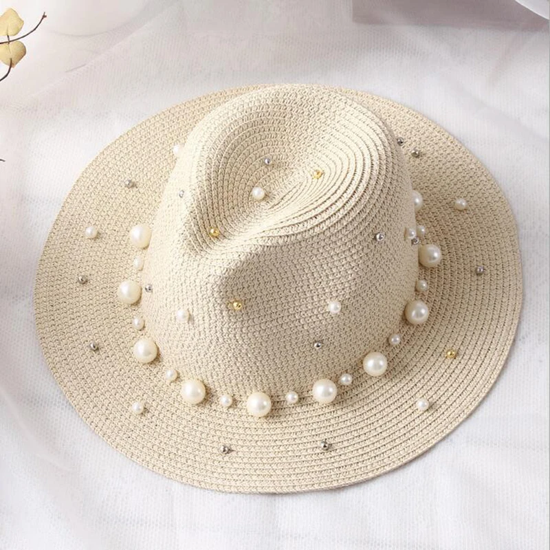 Новые шляпы на весну-лето для женщин с цветком и бусинами с широкими полями, джазовая Панама, шляпа от солнца, пляжная шляпа с цветком и жемчугом, соломенная шляпа с заклепками