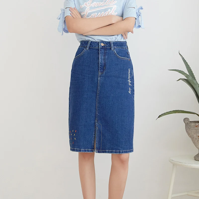 Женская джинсовая юбка стрейч LEIJIJEANS, всесезонная модная синяя трапециевидная юбка из денима до колена, с вышивкой, большие размеры