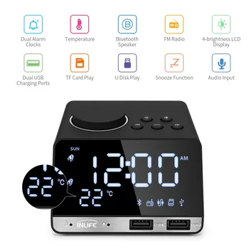 

Digital Alarm Clock FM Radio Bluetooth Speaker Big EU Plug 2 USB Ports LED Night Table Alarm Clock Home Snooze Clock