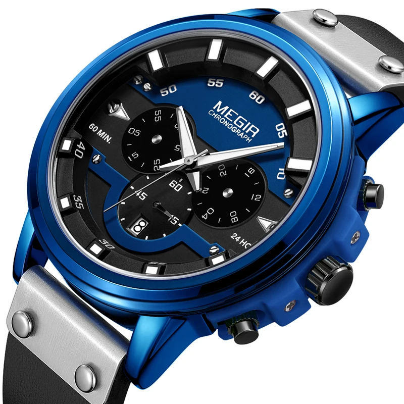 

MEGIR Mens Watches 2019 Top Brand Luxury Casual Leather Quartz Sport Waterproof Watch Gift Gold Watch Men Relogio Masculino