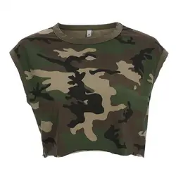 Модное платье без рукавов Футболка Для женщин 2018 Лето Хлопок Camo Cropped футболки хлопок o-образным вырезом Vogue уличная Crop Top