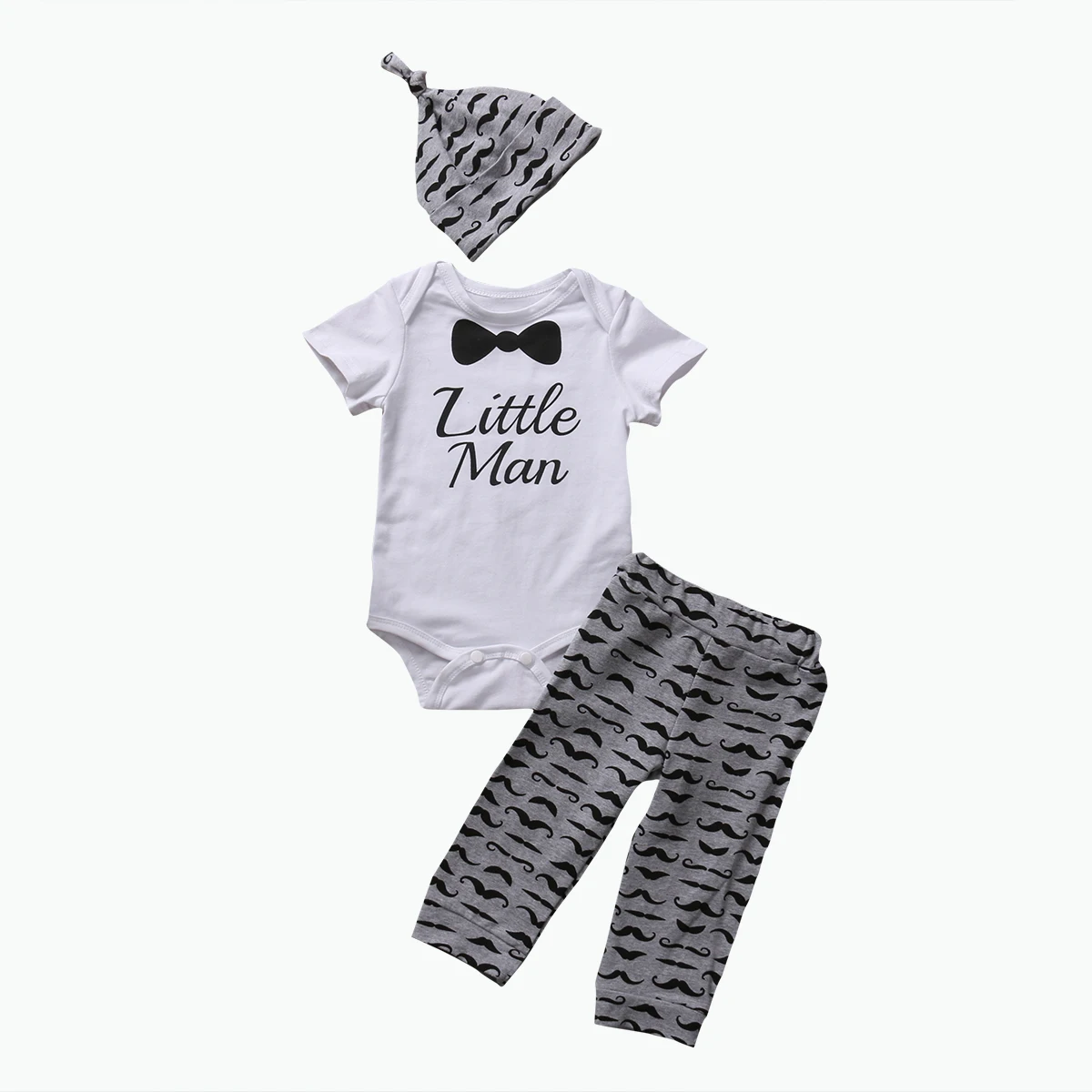 

3PCS Newborn Baby Boy Infant Short Sleeve Little Man Romper + Beard Long Pants +Hat Outfit Set Cotton Clotehs 0-18M