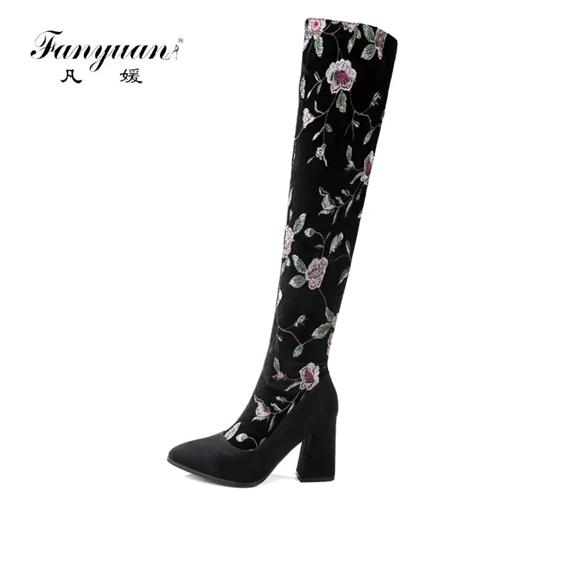 Genou Fanyuan Femmes Floral Zipper Ethnique Marque Vache Le 2017 Black Daim Talons Sur Bottes Cuisse Conception La D'hiver Haute Pour Imprimé 7rr6YnHqz
